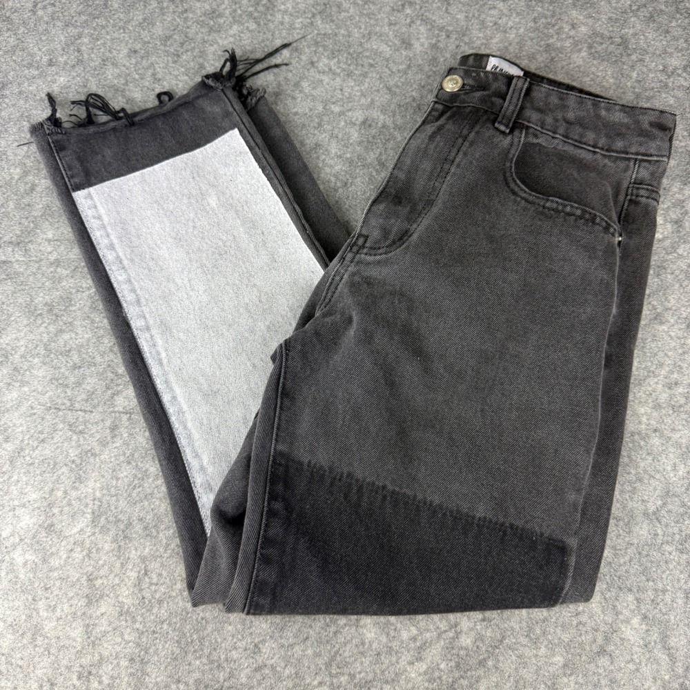 Princess Polly Colorblock Patchwork Straight Leg Jeans Black Grey Raw Hem Sz 2